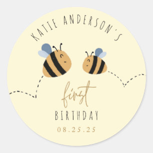 Modern Cute Gult Bumblebee första födelsedag Runt Klistermärke