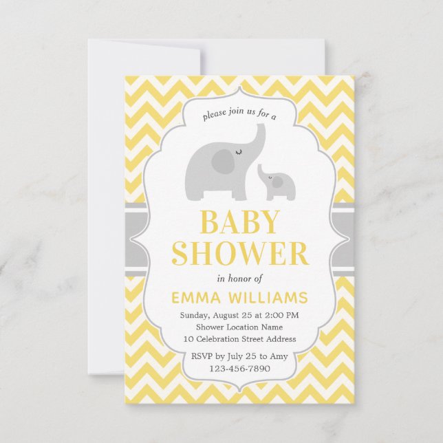 Modern Cute Gult Grått Elephant Baby Shower Inbjudningar (Framsida)