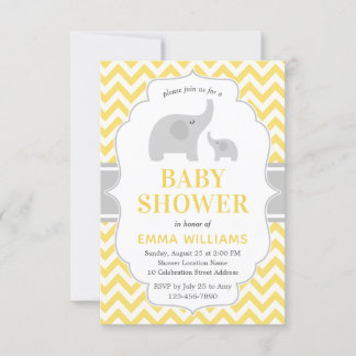 Modern Cute Gult Grått Elephant Baby Shower Inbjudningar