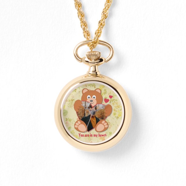 Modern Cute Gult Nalle Heart Photo Ram Armbandsur (Framsida)