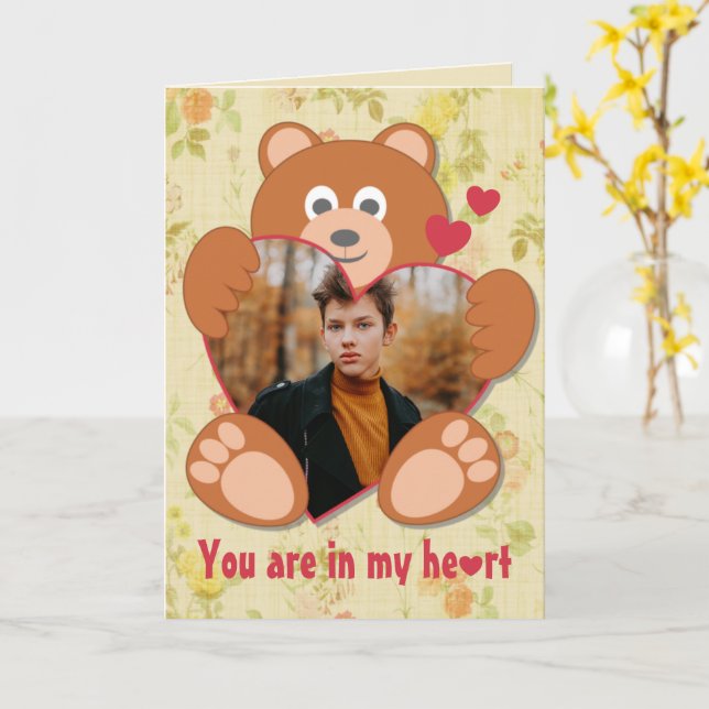 Modern Cute Gult Nalle Heart Photo Ram Kort (Gul blomma)