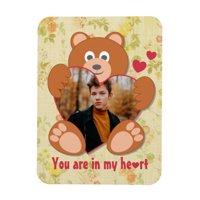 Modern Cute Gult Nalle Heart Photo Ram Magnet (Vertikal)