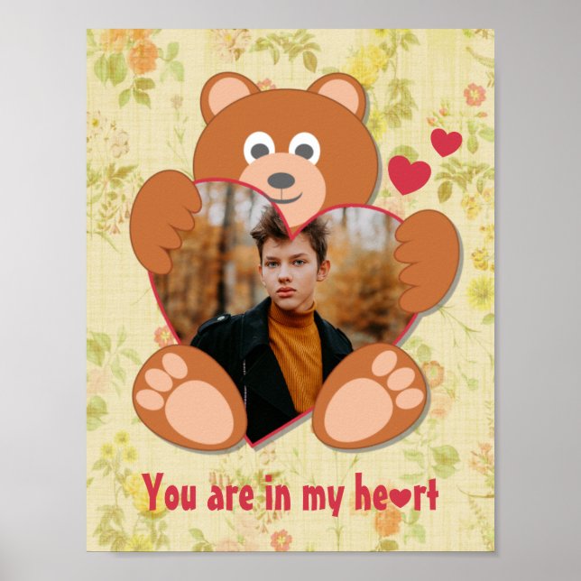 Modern Cute Gult Nalle Heart Photo Ram Poster (Framsidan)
