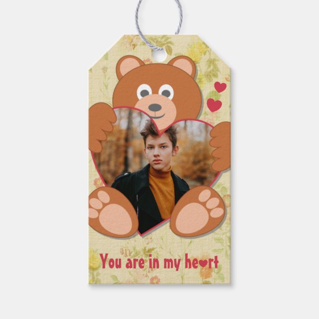 Modern Cute Gult Nalle Heart Photo Ram Presentetikett (Framsidan)