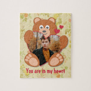 Modern Cute Gult Nalle Heart Photo Ram Pussel
