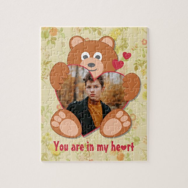 Modern Cute Gult Nalle Heart Photo Ram Pussel (Vertikal)