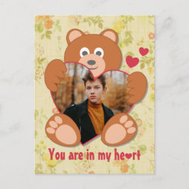 Modern Cute Gult Nalle Heart Photo Ram Vykort