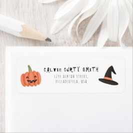 Modern Cute Halloween Witch Hat and Pumpkin Returadress Etikett