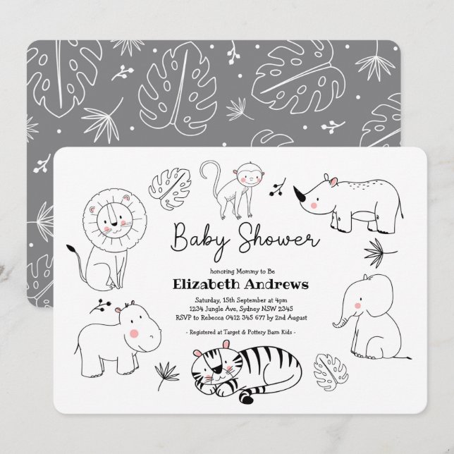 Modern Cute Jungle Safari Animals Baby Shower Inbjudningar (Fram/baksida)