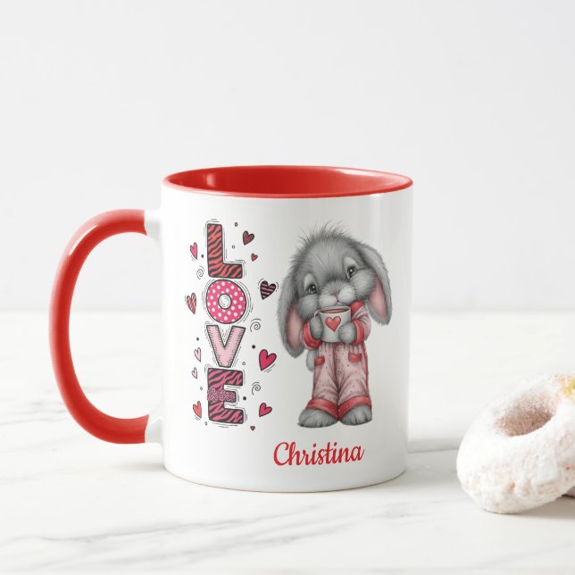 Modern Cute Love Bunny Valentines Day Name  Mugg (Med munk)