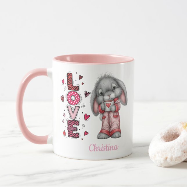 Modern Cute Love Bunny Valentines Day Name  Mugg (Med munk)