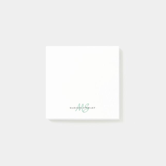 Modern Cute Mint Grönt Push Script 2 Monogram Post-it Block (Framsida)