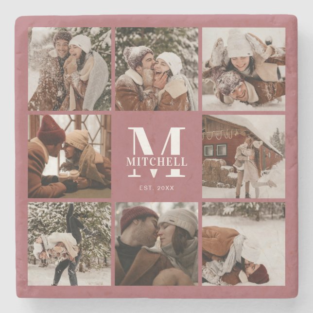 Modern Cute Monogram - första familjen Namn och fo Stenunderlägg (Framsidan)