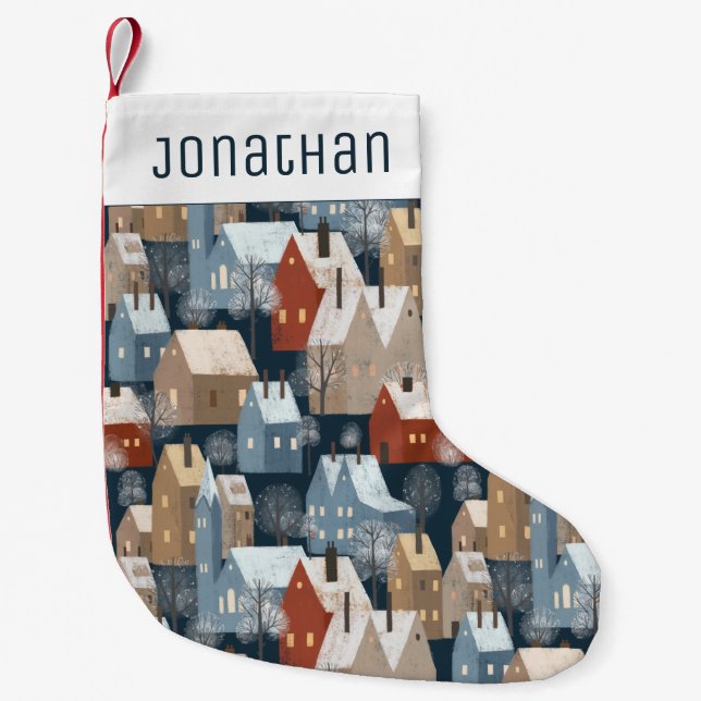 Modern Cute Nordic Whimsical Winter Night Town Liten Julstrumpa (Framsidan)