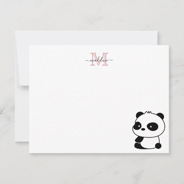 Modern Cute Panda  Rosa Monogram-skript Anteckningskort (Framsida)
