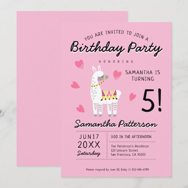 Modern Cute Party Llama-födelsedag Inbjudningar (Fram/baksida)