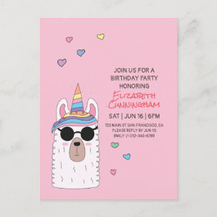 Modern Cute Party Llamacorn Birthday Inbjudan Vykort