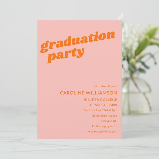 Modern Cute Pink Orange Retro Graduation Party Inbjudningar (Stående Fram)