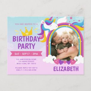 Modern Cute Rainbow Unicorn Photo Birthday Inbjudan Vykort