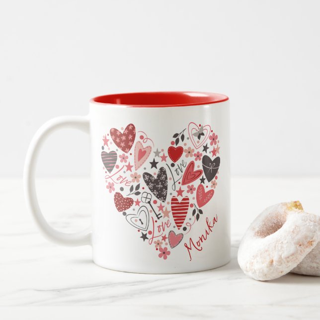 Modern Cute Red Hearts - Kärlek Monogram Två-Tonad Mugg (Med munk)