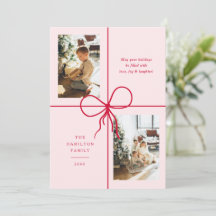 Modern Cute Red & Pink Bow Wrap 2 Photo Christmas