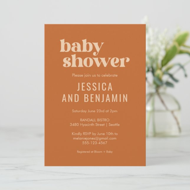 Modern Cute Retro Boho Terracotta Baby Shower Inbjudningar (Stående Fram)