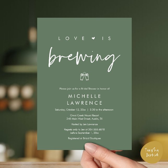 Modern Cute Romantic Beer Party Möhippa Inbjudningar (Beer Party Bridal Shower, Love is brewing Invitation card modern romance sage green)