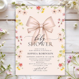 Modern Cute Rosa Bow Wildblomma Baby Shower Inbjudningar