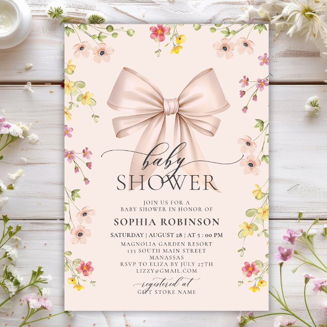 Modern Cute Rosa Bow Wildblomma Baby Shower Inbjudningar (Skapare uppladdad)