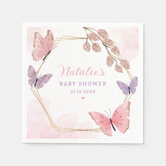 Modern Cute Rosa Lila Butterfly Girl Baby Shower Pappersservett (Framsidan)
