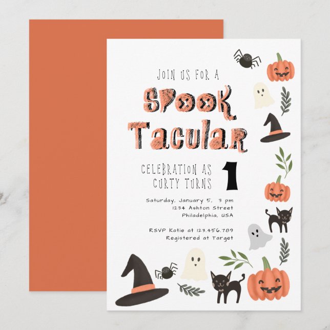 Modern Cute Spooktacular Halloween Birthday Inbjudningar (Fram/baksida)