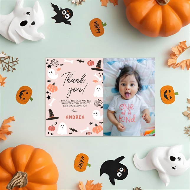 Modern Cute Spooky One Halloween första bokfoto Tack Kort (Skapare uppladdad)