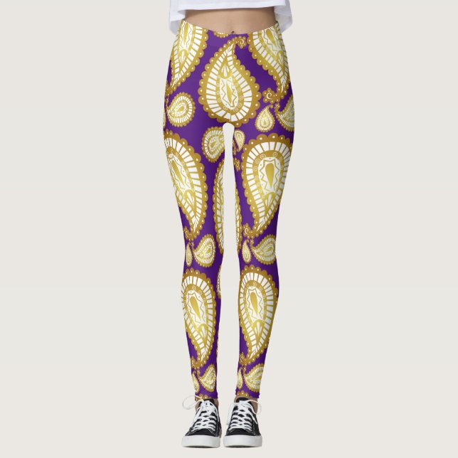 Modern Cute Trendig Elegant Golden Julafton Lila Leggings (Framsida)