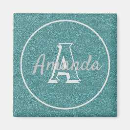Modern Cute Trendig Teal Glitter Namn Monogram Mag Magnet