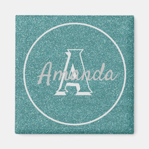 Modern Cute Trendig Teal Glitter Namn Monogram Mag Magnet