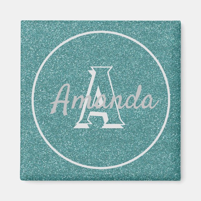 Modern Cute Trendig Teal Glitter Namn Monogram Mag Magnet (Framsidan)