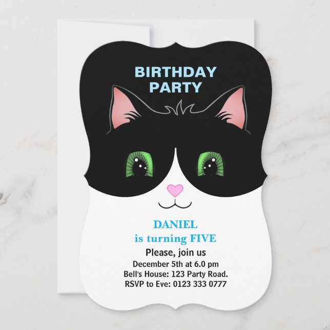 Modern Cute Tuxedo Cat Boy Birthday-inbjudan Inbjudningar (Framsida)