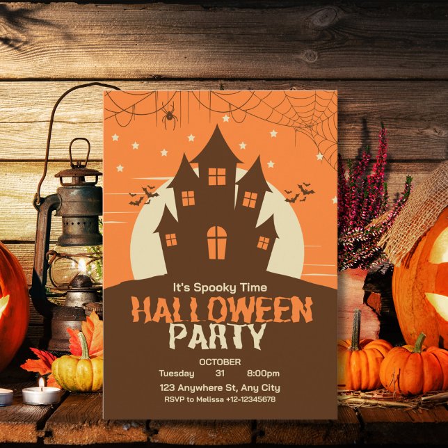 Modern Cute Vibrant Orange Haunted House Spooky Inbjudningar (Skapare uppladdad)