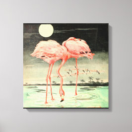 Modern Cute Vintage Rosa Bird Flamingo och Måne Canvastryck
