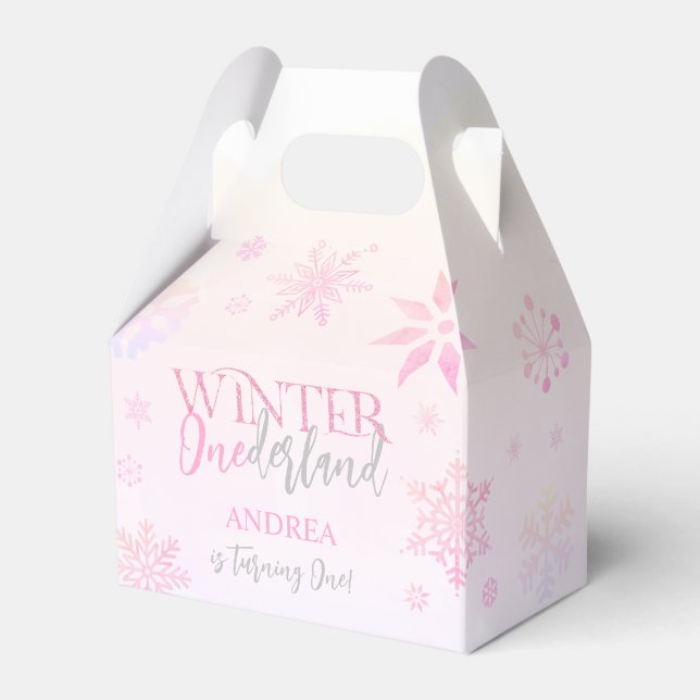 Modern Cute Winter ONEderland Rosa Första födelsed Presentaskar (Framsidan Sidan)