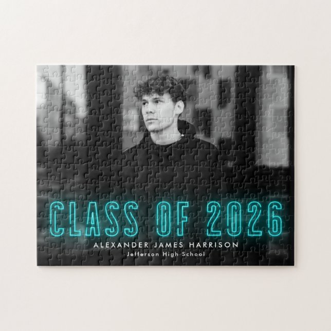 Modern cyan Neon-klass 2025 Studenten-foto Pussel (Horisontell)