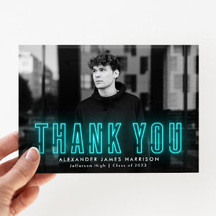 Modern cyan Neon Photo Studenten Tack Kort