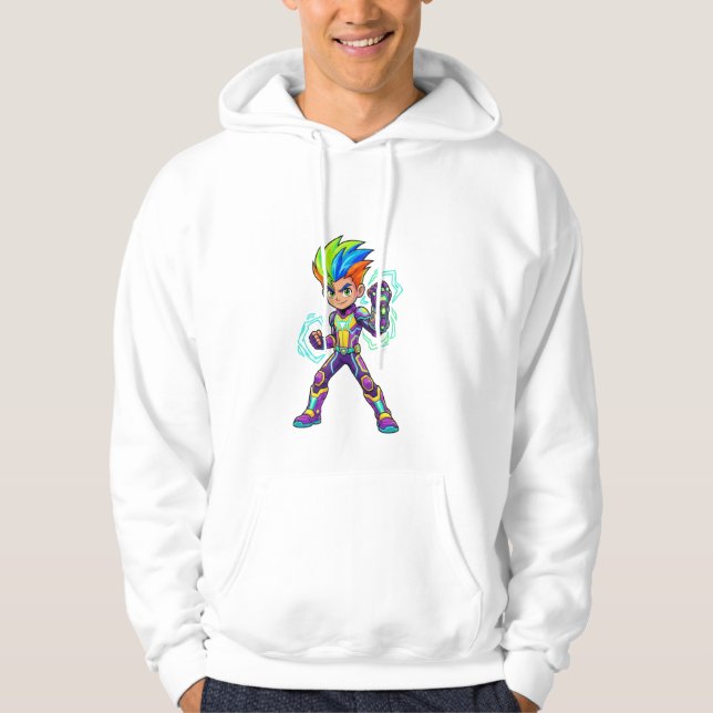 Modern Cyberpunk Anime Boy & Majestic Golden Lion  Hoodie (Framsida)