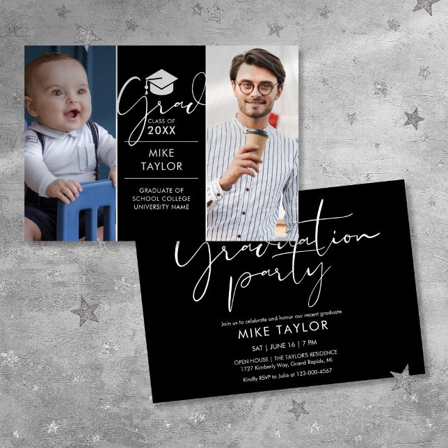 Modern då och nu 2 Foto-examensfest Inbjudningar (Modern Then And Now 2 Photo Graduation Party Invitation)