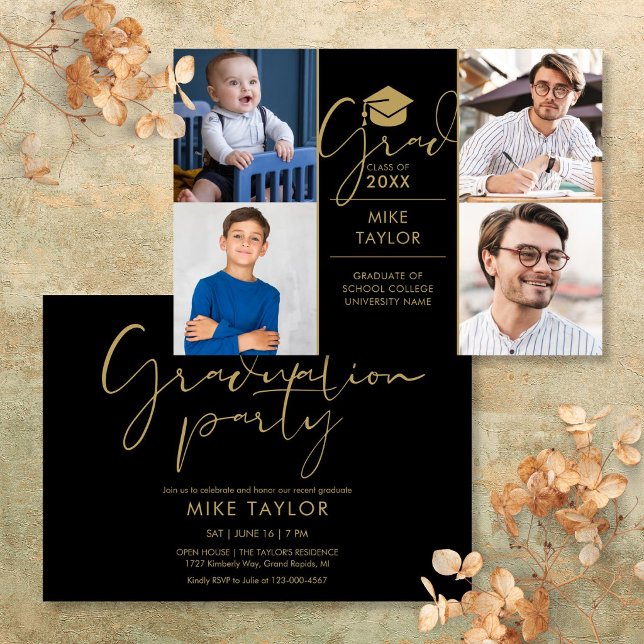 Modern då och nu 4 Foto Examen Fest Inbjudningar (Modern Then And Now 4 Photo Graduation Party Invitation)