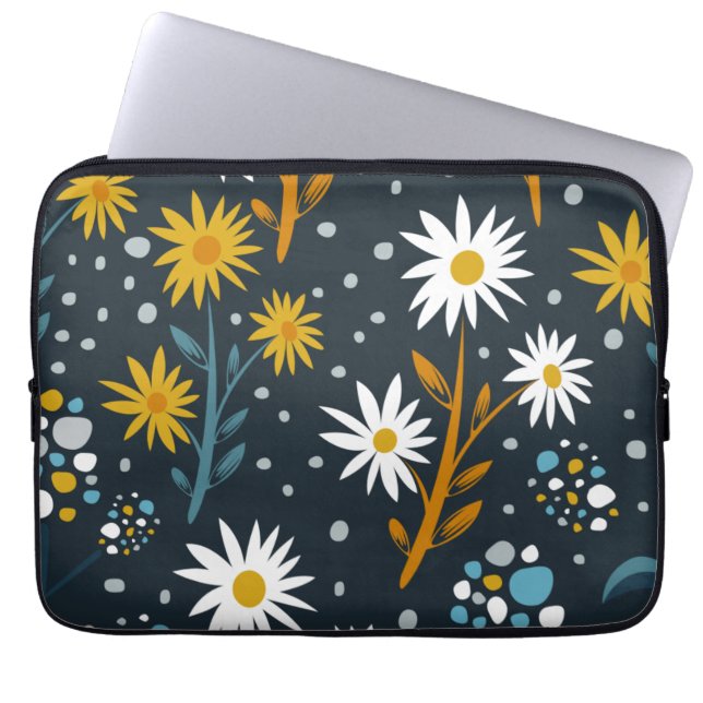 Modern Daisies Pattern on Dark Blue Laptop Fodral (Framsidan)