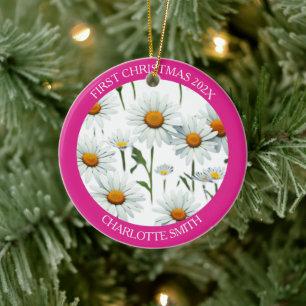 Modern Daisy Rosa Första jul Julgransprydnad Keramik