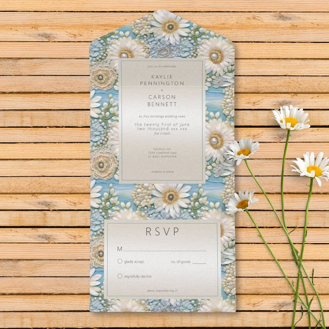 Modern Daisy Satin & Pearls Relief No Middag (Modern Daisy Satin & Pearls Relief No Dinner All In One Invitation)