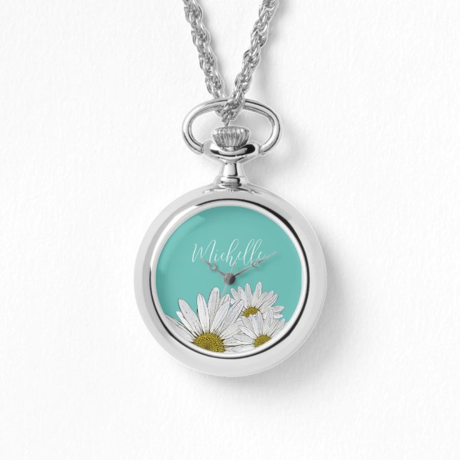 Modern Daisy Trendig Teal Blommigt botaniska Armbandsur (Framsida)
