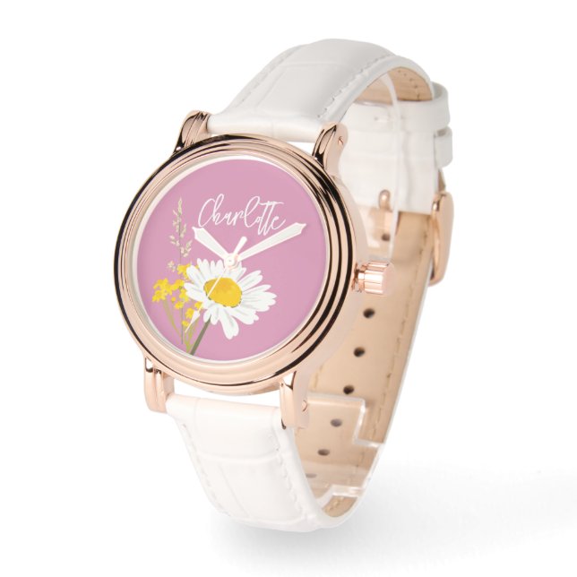 Modern Daisy Wildrows Anpassningsbar Monogram Armbandsur (Vinkel)